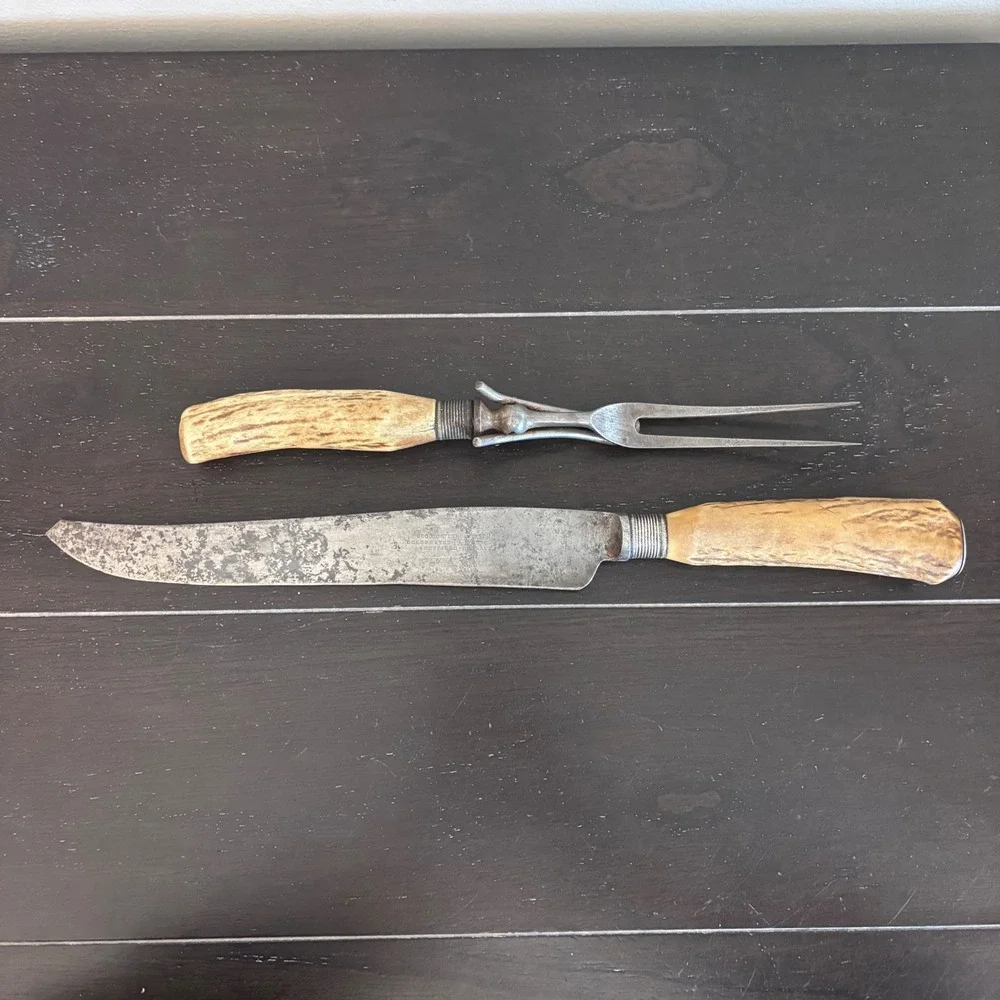 Antique Geo Wostenholm & Sons I*XL‎ Stag Horn Carving Set Sheffield England 2pc